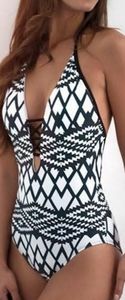 Graphic print halter neck one piece bathing suit